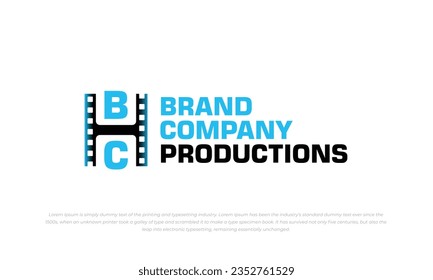 film production logo. combination initial B, C, and film strip in blue and black color