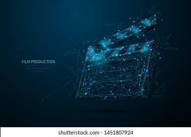 Film production low poly wireframe banner template. 3D clapperboard, filmmaking, movie director equipment with connected dots. Polygonal open clapper board, cinematography mesh art illustration