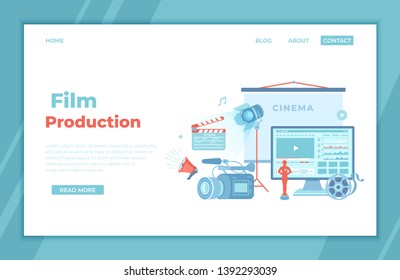 Film Production, Film making concept. Movie camera, loud speaker, clapper board, cine-film, video editor on screen, award statue, cinema screen. landing page template or banner. Vector.
