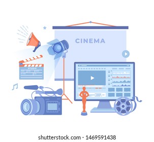 Film Production, Film making concept. Movie camera, loud speaker, clapper board, cine-film, video editor on screen, award statue, cinema screen. Vector illustration on white background.