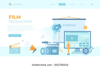 Film Production, Film making concept. Movie camera, loud speaker, clapper board, cine-film, video editor. Can use for web banner, landing page, web template.