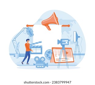 Film Production, Film making concept. Movie camera, loud speaker, clapper board, cine-film, video editor on screen, award statue, cinema screen. flat vector modern illustration