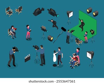 Film Production and Movie Making with Crew and Equipment 3d isometric vector illustration