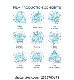 Ícones de conceito multi-cor da produção do filme. Roteiro de filme, roteiro. Gerenciamento de financiamento, direção. Pacote de ícones. Imagens vetoriais. Ilustrações de forma redonda para infográfico, apresentação. Ideia abstrata