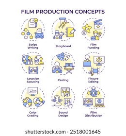 Ícones de conceito multi-cor da produção do filme. Roteiro de filme, roteiro. Gerenciamento de financiamento, direção. Pacote de ícones. Imagens vetoriais. Ilustrações de forma redonda para infográfico, apresentação. Ideia abstrata