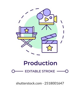 Film production multi color concept icon. Movie producing. Filmmaking equipment, technology. Round shape line illustration. Abstract idea. Graphic design. Easy to use in infographic, presentation