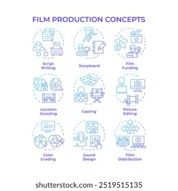 Film production multi color concept icons. Movie script, screenwriting. Funding management, directing. Icon pack. Vector images. Round shape illustrations for infographic, presentation. Abstract idea