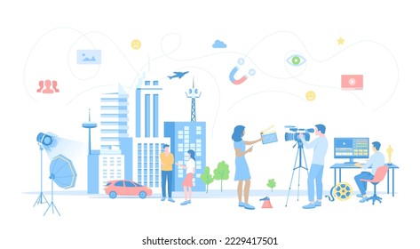 Film Production. Outdoor filmmaking scene. Shooting film with actors, camera, light, microphone. Movie director, cameraman, video editor. Vector illustration flat style.	
