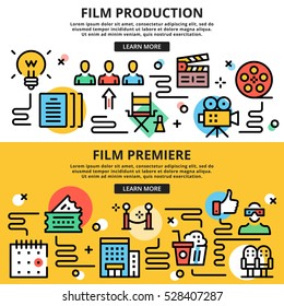 Film production, film premiere, cinema flat line design illustration concepts. Thin line icons set, graphic design for web sites, web banners, printed materials, infographics. Flat vector illustration