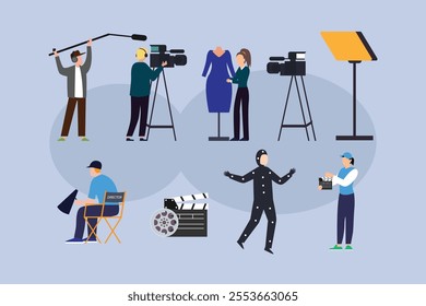 Film Production Process Illustration with Crew and Equipment 2d flat vector illustrations