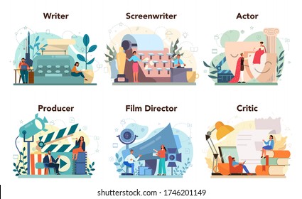 Film production profession set. Idea of creative people and profession. Movie director, actor, screen writer, producer, critic. Clapper and camera, equipment for film making. Vector illustration