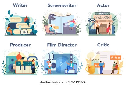 Film production profession set. Idea of creative people and profession. Movie director, actor, screen writer, producer, critic. Clapper and camera, equipment for film making. Vector illustration