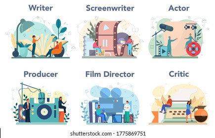 Film production profession set. Idea of creative people and profession. Movie director, actor, screen writer, producer, critic. Clapper and camera, equipment for film making. Vector illustration