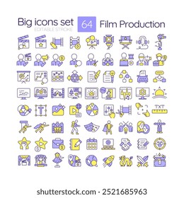 Film production RGB color icons set. Movie making, cinematography. Script writing, storytelling. Isolated vector illustrations. Simple filled line drawings collection. Editable stroke