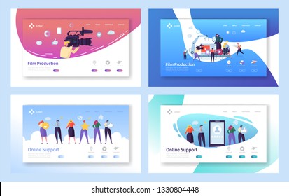 Film Production Set Concept Landing Page. People Character with Camera Shooting Editing Film. Online Chat Support Technology at Smartphone Website or Web Page Flat Cartoon Vector Illustration