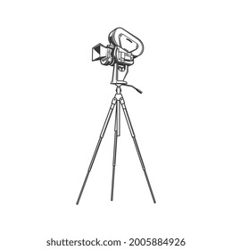 Film projector, cinema recording device isolated monochrome icon. Vector vintage photocamera on tripod movie making equipment. Retro cinematography device, antique photo or video camera on stand