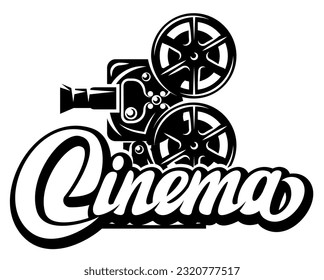 Filmprojektor im Retro-Stil mit kalligraphischer Inschrift Kino. Vektormonochrome Illustration. Bearbeitbare Vorlage für Design.