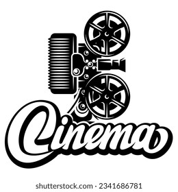 Filmprojektor im Retro-Stil und kalligraphisches Inschriftenkino unten. Vektormonochrome Illustration. Bearbeitbare Vorlage für Design.