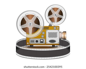 Filmprojektor, Filmstreifen auf weißem Hintergrund. 3D-Vektor. Hohe detaillierte realistische Abbildung.