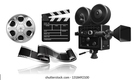 Film projector, film strip, reel and clapperboard on white background.. 3D vector. High detailed realistic illustration