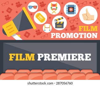 Film Promotion And Film Premiere Flat Illustration Concepts Set. Flat Design Concepts For Web Banners, Web Sites, Printed Materials, Infographics. Creative Vector Illustration