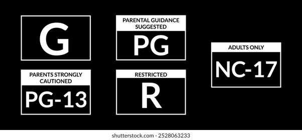 Sistema de classificação de filme etiqueta de cor invertida conjunto de adesivos, arte vetorial preto e branco
