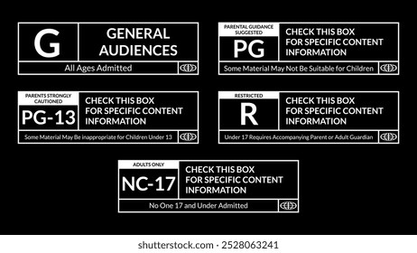 Film rating system label inverted color sticker set, black and white vector art