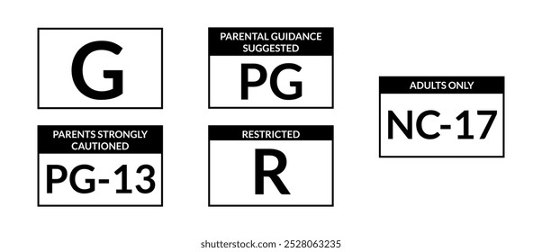 Film rating system label sticker set, black and white vector art