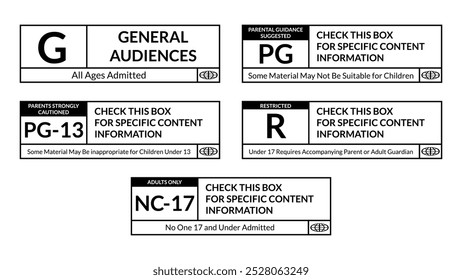 Film rating system label sticker set, black and white vector art