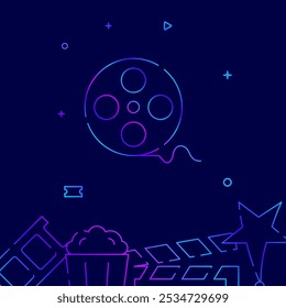 Film, reel, archive gradient line vector icon, simple illustration on a dark blue background, cinema related bottom border.