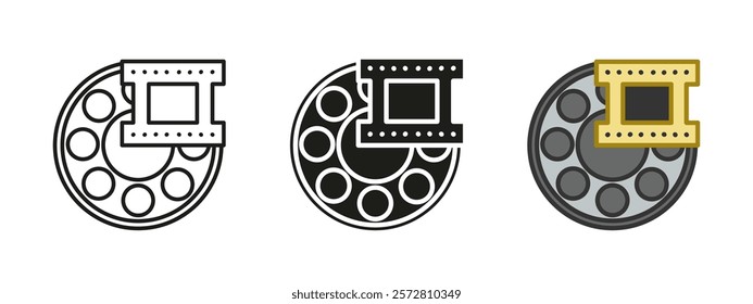 Film reel bobbin icon. Film strip vector illustration. Filmstrip frame symbol. Vintage retro projector equipment sign. Motion picture cinematography concept. Cinema production record bobbin pictogram.