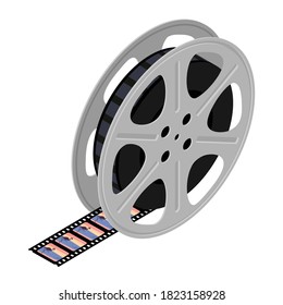 Film reel and cinema tape with sunset and flamingo isolated on white background. Vector. Isometric view
