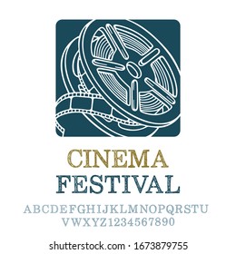 Film reel. Cinematographic emblem. Vintage film reel outline vector illustration. Part of set.