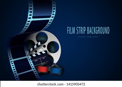 Film reel, clapper board, 3d cinema glasses and twisted cinema tape isolated on blue background. Movie poster template with sample text for cinema design. Cinematography concept. Vector illustration.