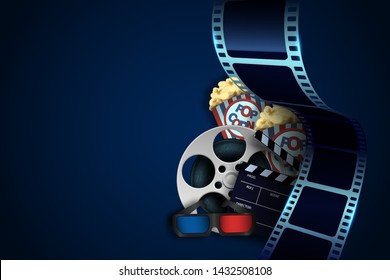 Film Reel, Clapper Board, 3d Cinema Glasses, Popcorn And Twisted Cinema Tape Isolated On Blue Background. Movie Poster Template With Sample Text For Cinema Design. Cinematography Concept. Vector EPS