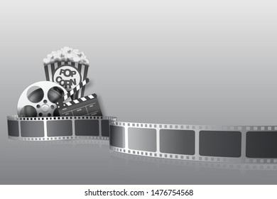 Film reel, clapper board, 3d cinema glasses, popcorn and twisted cinema tape isolated on black background. Black cinema film strip with empty space for your text. Old movie cinema banner design.