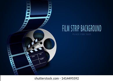Film reel, clapper board and twisted cinema tape isolated on blue background. Movie poster template with sample text for cinema design. Cinematography concept. Vector illustration. EPS