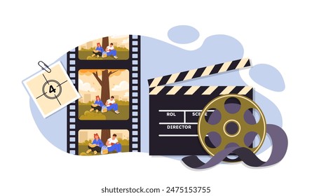 Film reel with clapperboard. Filming movie and series. Frames from film. Cinema industry. Filmmaking and cinematography concept. Cartoon flat vector illustration isolated on white background