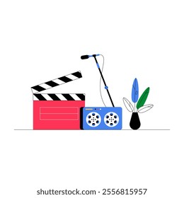 Film Reel, Clapperboard, And Microphone In Flat Vector Illustration Symbolizing Movie Production, Filmmaking, And Media, Isolated On White Background.