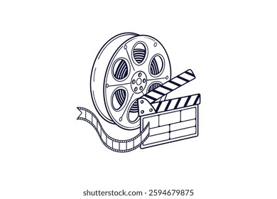 film reel with a clapperboard silhouette line art vector illustration