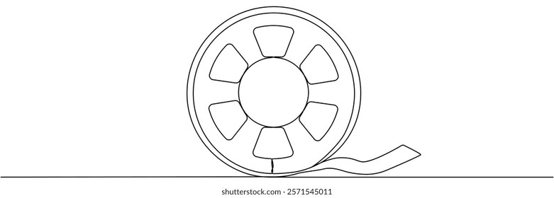 Film reel continuous one line drawing. Movie retro production symbol. Filmstrip linear element. Vector illustration isolated on white.