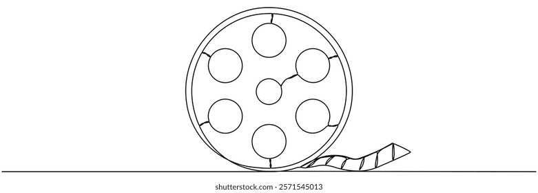 Film reel continuous one line drawing. Movie retro production symbol. Filmstrip linear element. Vector illustration isolated on white.