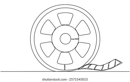 Film reel continuous one line drawing. Movie retro production symbol. Filmstrip linear element. Vector illustration isolated on white.