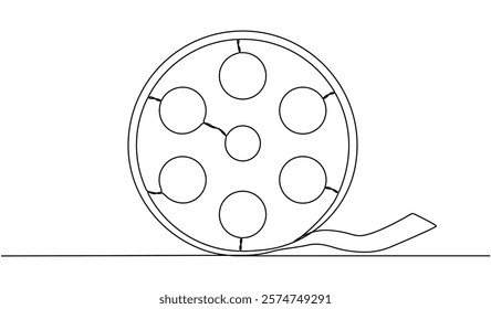 Film reel continuous one line drawing. Movie retro production symbol. Filmstrip linear element. Vector illustration isolated on white.