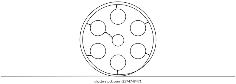 Film reel continuous one line drawing. Movie retro production symbol. Filmstrip linear element. Vector illustration isolated on white.