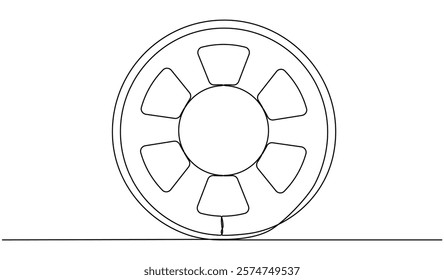 Film reel continuous one line drawing. Movie retro production symbol. Filmstrip linear element. Vector illustration isolated on white.