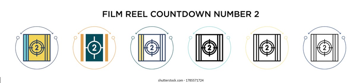 Film reel countdown number 2 icon in filled, thin line, outline and stroke style. Vector illustration of two colored and black film reel countdown number 2 vector icons designs can be used for