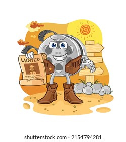 the film reel cowboy with wanted paper. cartoon mascot vector