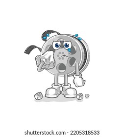 The Film Reel Cry With A Tissue. Cartoon Mascot Vector