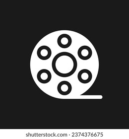 Film reel dark mode glyph ui icon. Motion pictures. Recorded strip. User interface design. White silhouette symbol on black space. Solid pictogram for web, mobile. Vector isolated illustration